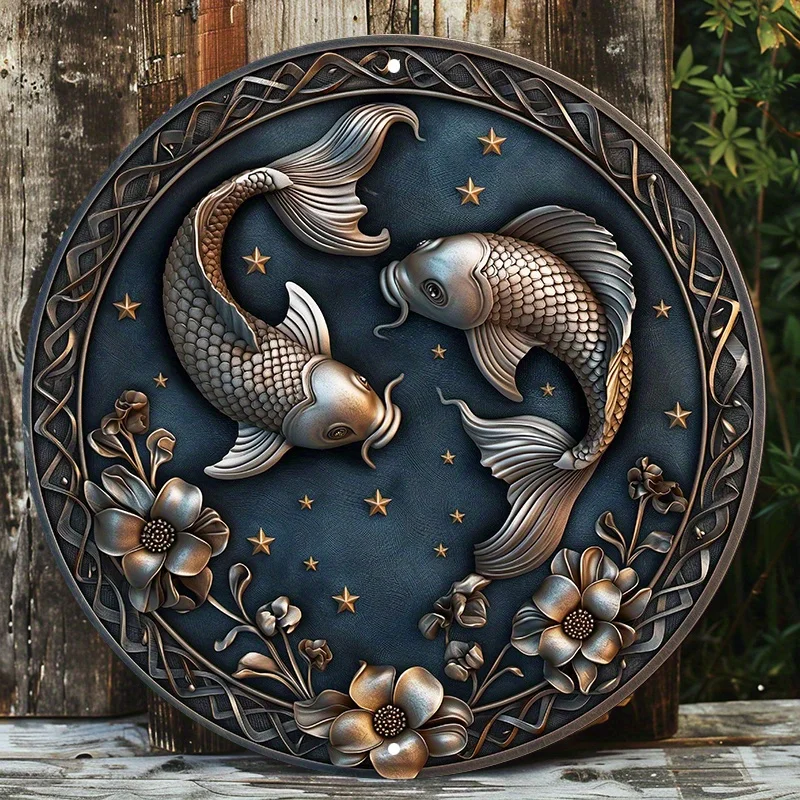 Pisces Zodiac Sign Aluminum Metal Wall Decor, Round, Waterproof, Weather Resistant, Door Hanger, Decorative Wall Poster