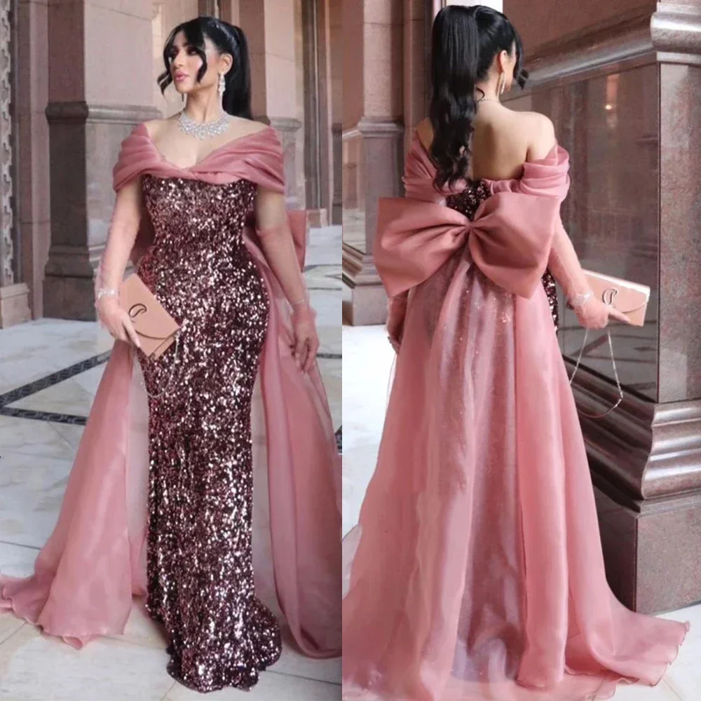 Customized Exquisite Off Shoulder Prom Gown Sparkly Patchwork Sexy Backless Bow Sheath Evening Party Dresses V Neck Vestidos De