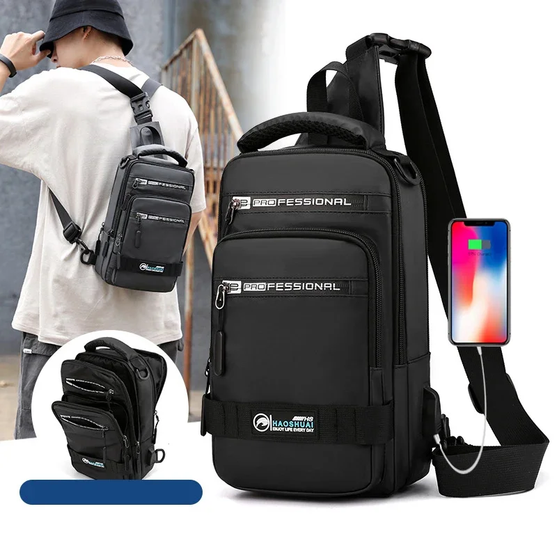 Men Nylon Rucksack Daypack Messenger with USB Charging Port Male Fashion Knapsack Backpack Cross body Sling Chest Pack Bag