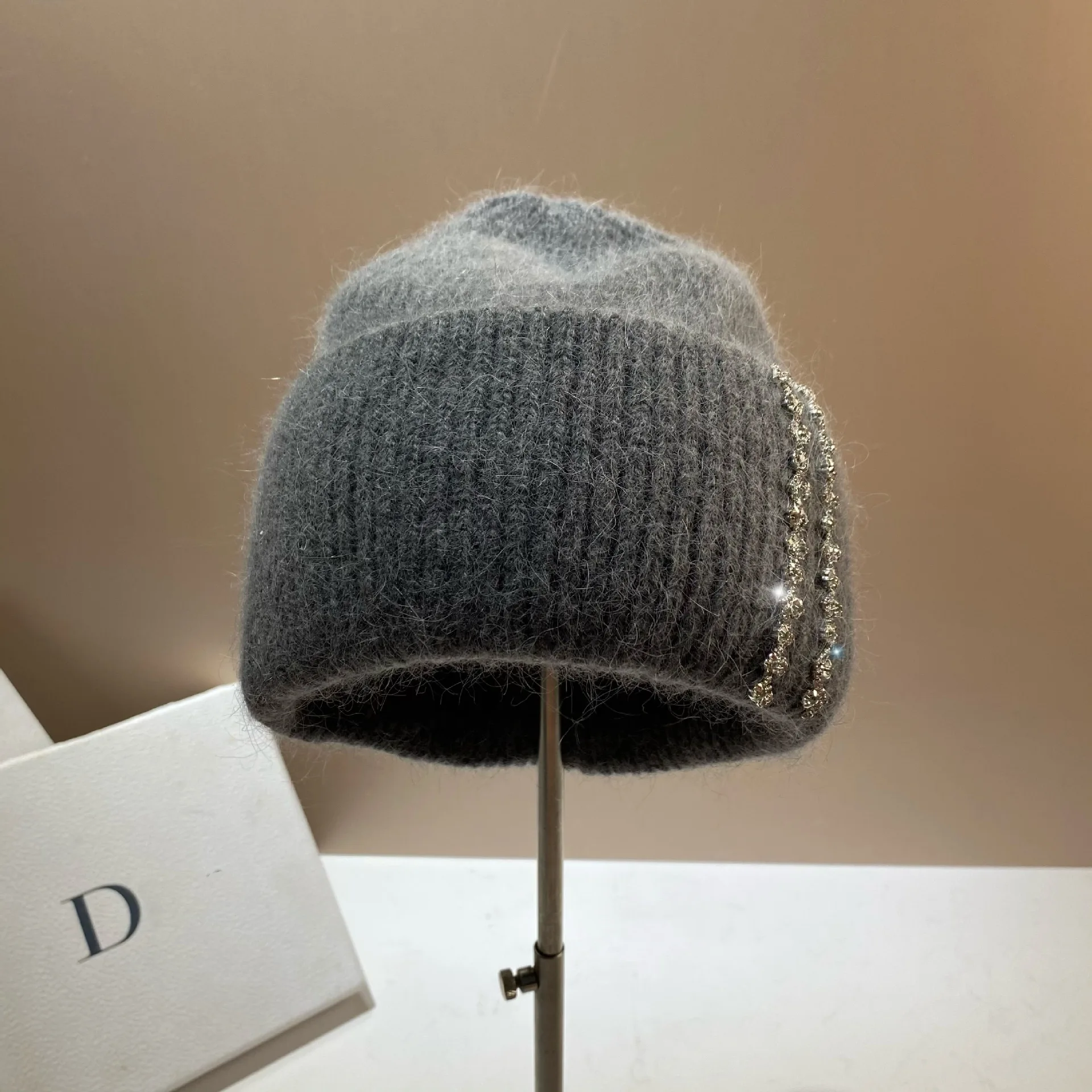 Lange Kaninchenhaar Doppelt gefaltete Strickmütze Modische Prominente Feng Shui Diamantmütze Winter Outdoor Warme Mütze – Detail 26
