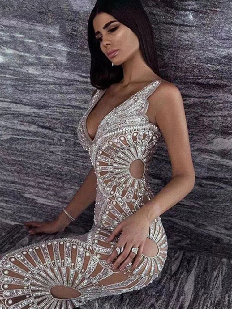 Ailigou 2022 New Fashion Chic Silver Sequin Ruffle Design V-Neck Backless Celebrity Party Club Maxi Long Party Dress