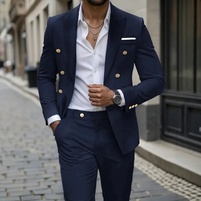 

KIDWHXR Men Suit Set Double-breasted Long Sleeve Blazer Man Straight-leg Pant Male Slim Business Office Casual 2-piece Outfit