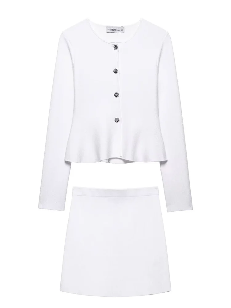 

KUCLUT Women Fashion 2 Piece Sets White Knitted Single Breasted Sweater & Vintage Elastic Waist Skirt Female Chic Skirts Set