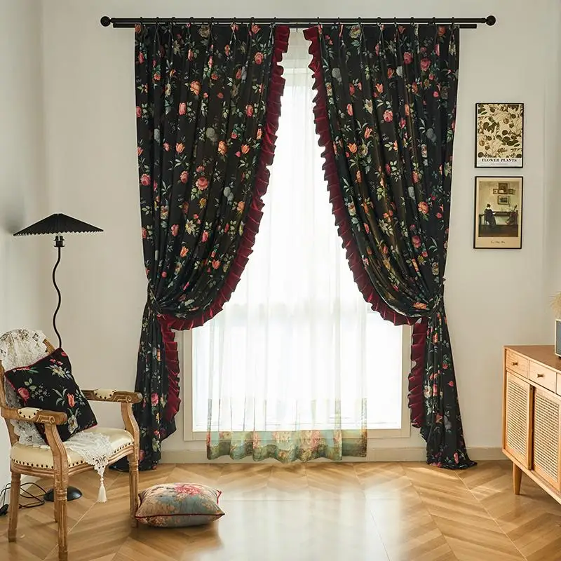 Custom American retro living room upscale bedroom black jacquard cloth blackout curtain tulle drape C1929