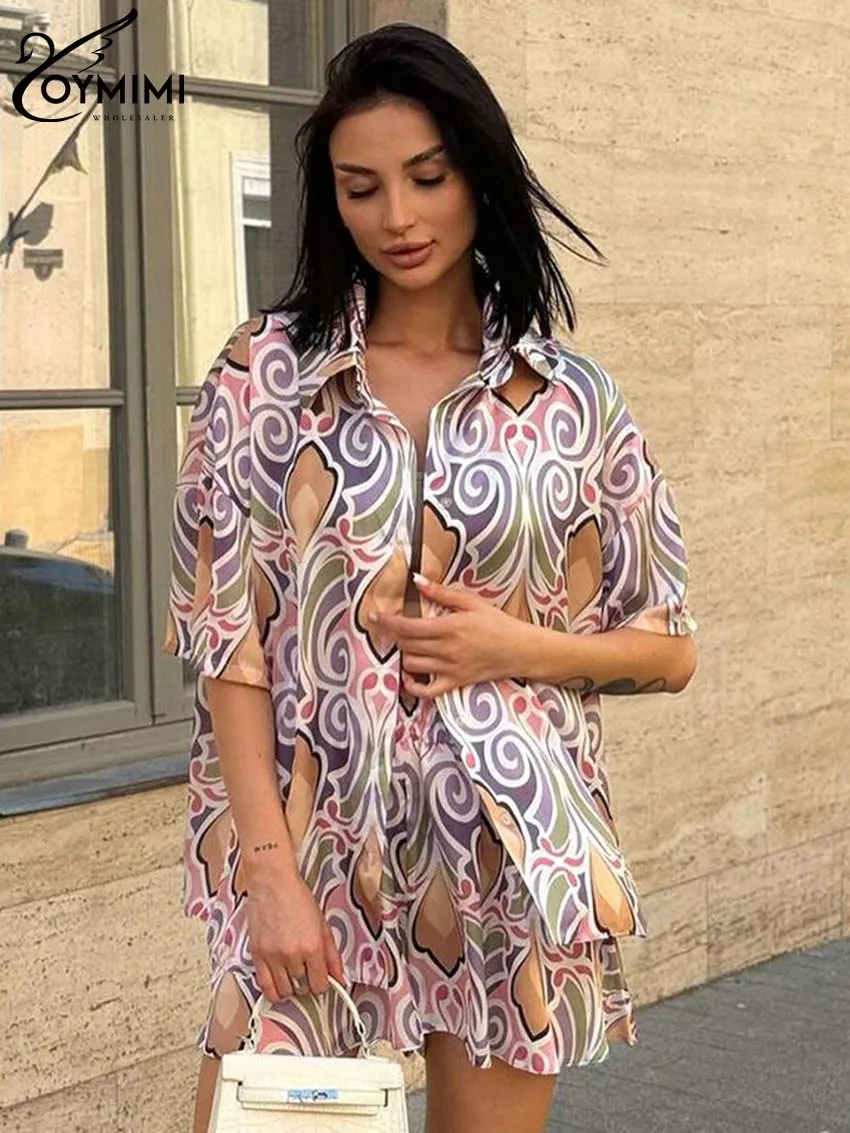 

Oymimi Elegant White Print Sets Womens 2 Piece Fashion Half Sleeve Button Shirts And High Waist Pleated Shorts Sets Streetwear