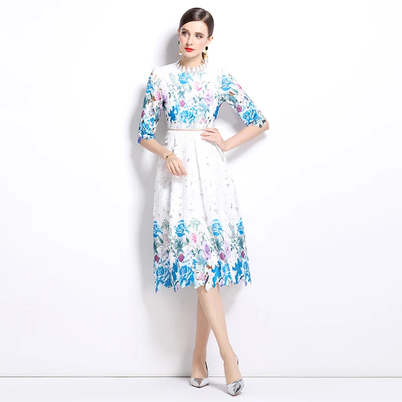 Summer Runway Hollow Out Floral Embroidery Lace Midi Dress For Women Women Short Sleeve Floral Print Slim Waist Party Vestidos