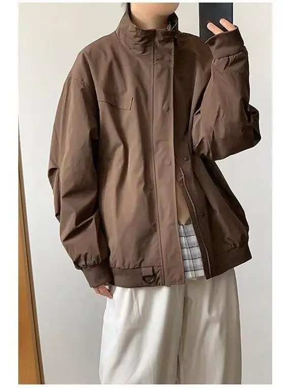 

Khaki Stand Collar Jaet Casual Loose Men's Color Simple Sle Spring Autumn Outerwear Top Polyester Fiber