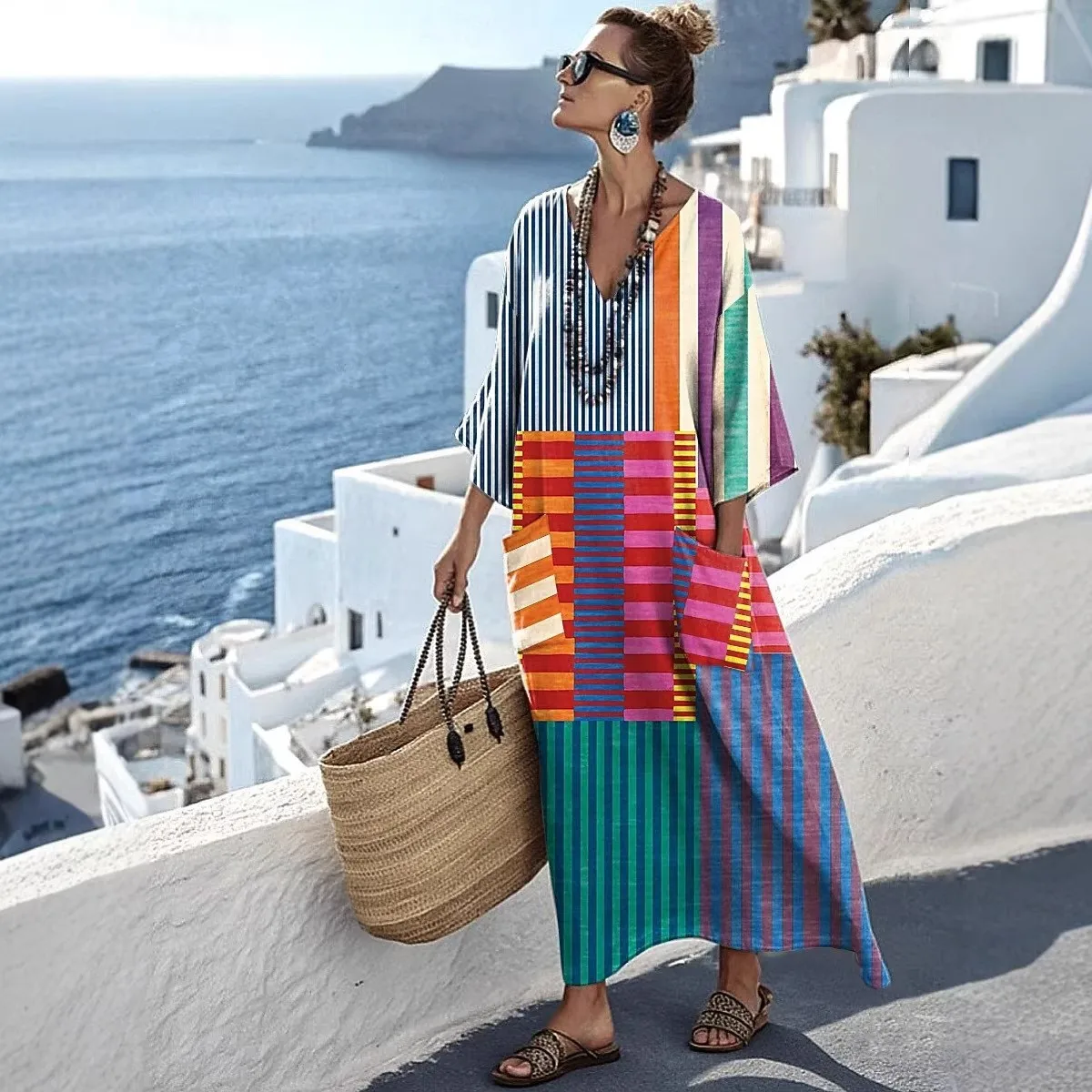 Women's Dress V Neck 3/4 Sleeve Printed Loose Fit Maxi Dress Striped Print Oversized Beach Boho Style Kaftan Dress Blue Striped