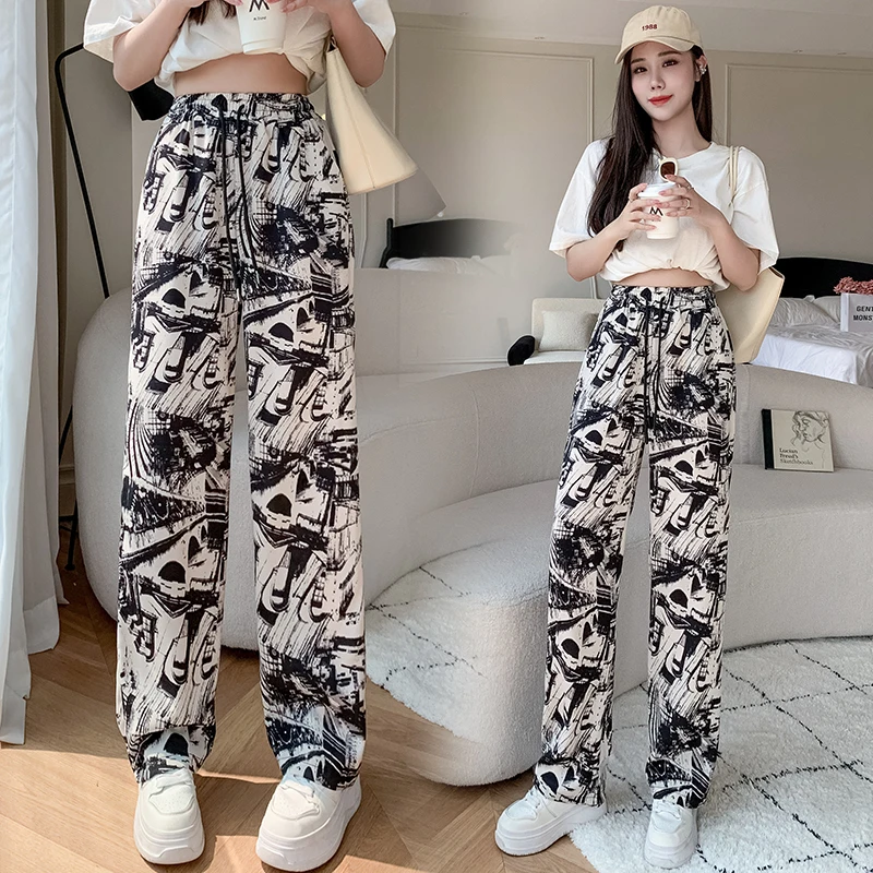 

Lady Slouchy Baggy Drawstring Graffiti Straight Pants Women Bottoms Pants Girls Fashion Wide Leg Trousers Female Loose Clothes 2