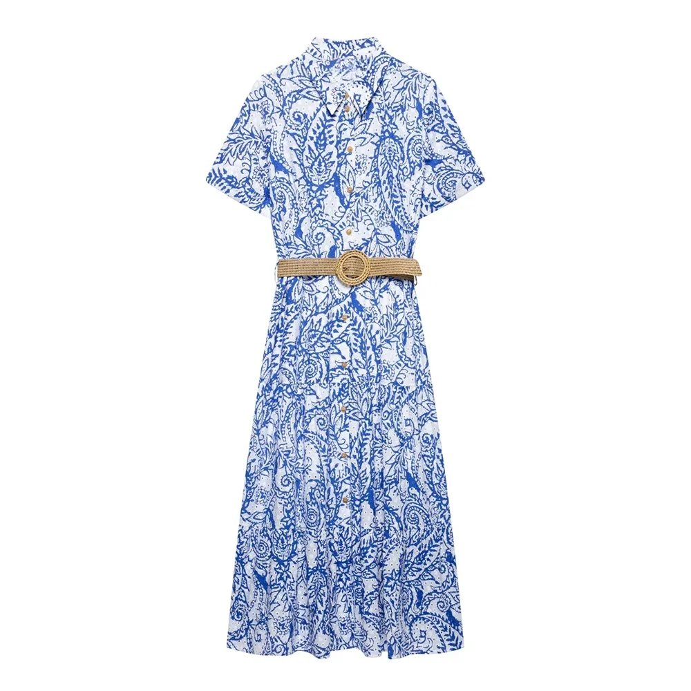   2025, mit Gürtel bedruckt, Hemd-Stil, einreihig, kurzärmelig, lockeres Kleid, langer Rock, Sommer, neue Damenbekleidung