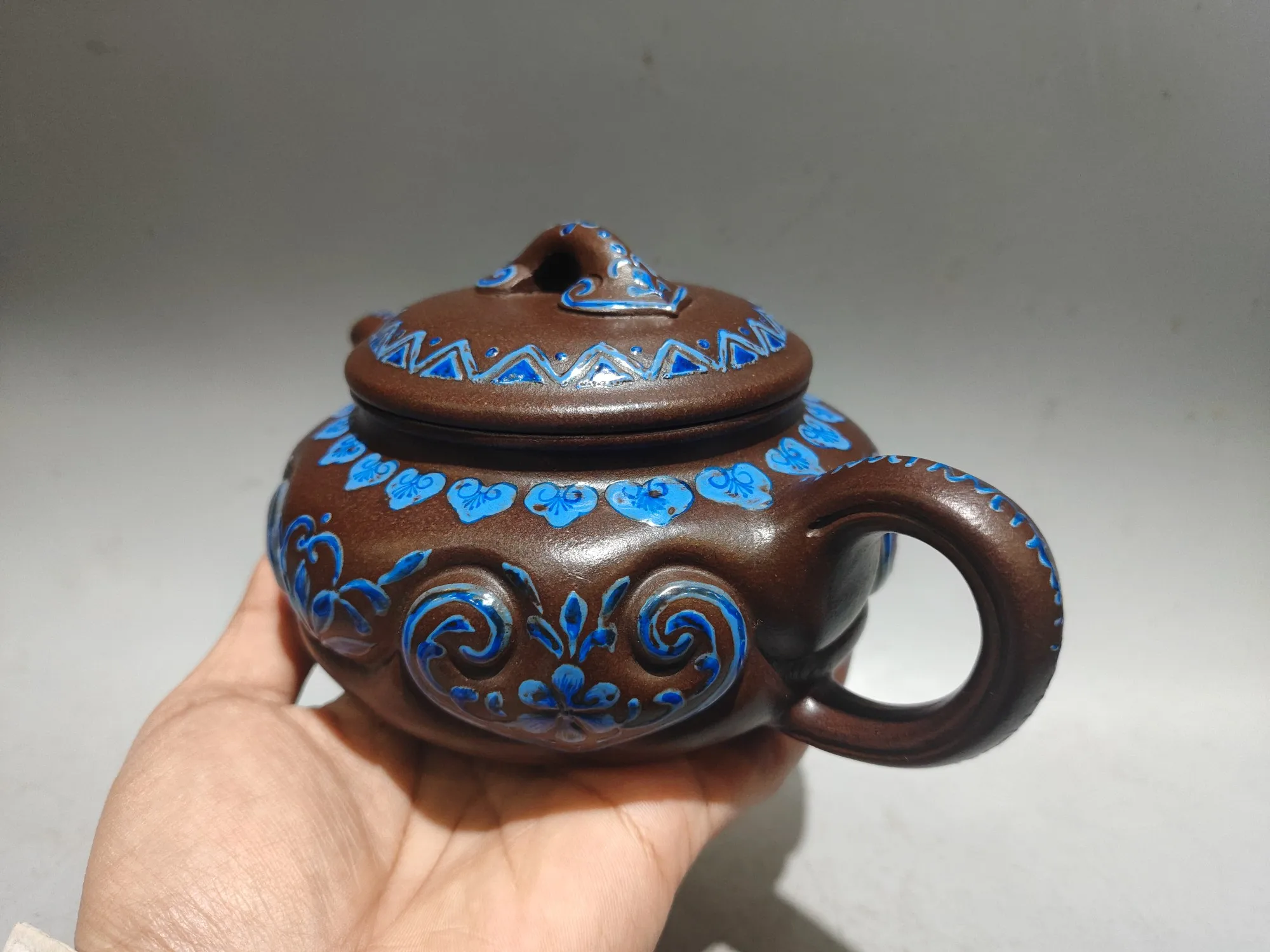 Old Chinese Handcraft Enameled  YiXing Zi Sha Clay  (yellow stoneware) Teapot,Painted Colorful Ruyi Pot,with mark,Free shipping