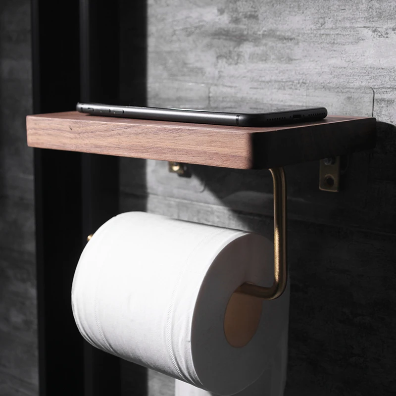 Toilet Solid Wood Brass Tissue Holder Paper Roll No Punching Bathroom Shelf Towel Dispenser Stand