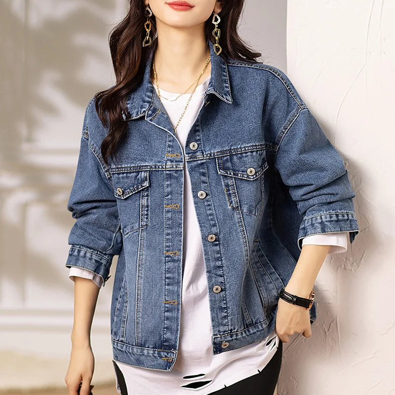 Denim Coats Women Washed Jacket Single Breasted Full Sleeve Work Casual Splice Vintage Turn Down Collar Y2k Streetwear Classic