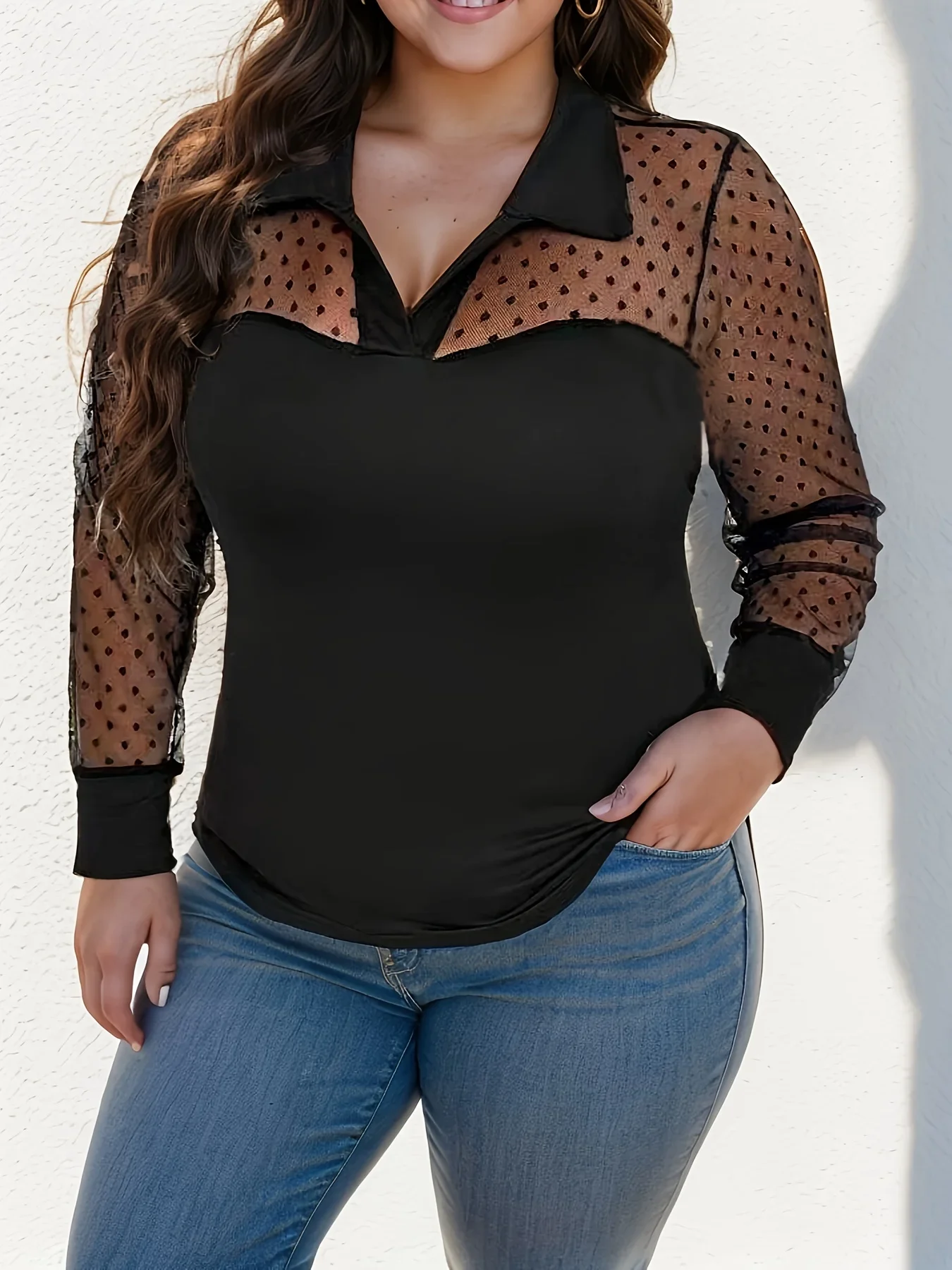 Plus Size Swiss Dot Mesh Stitching Blouse, elegancki top z kołnierzykiem i długim rękawem na wiosnę i jesień, odzież damska w dużych rozmiarach