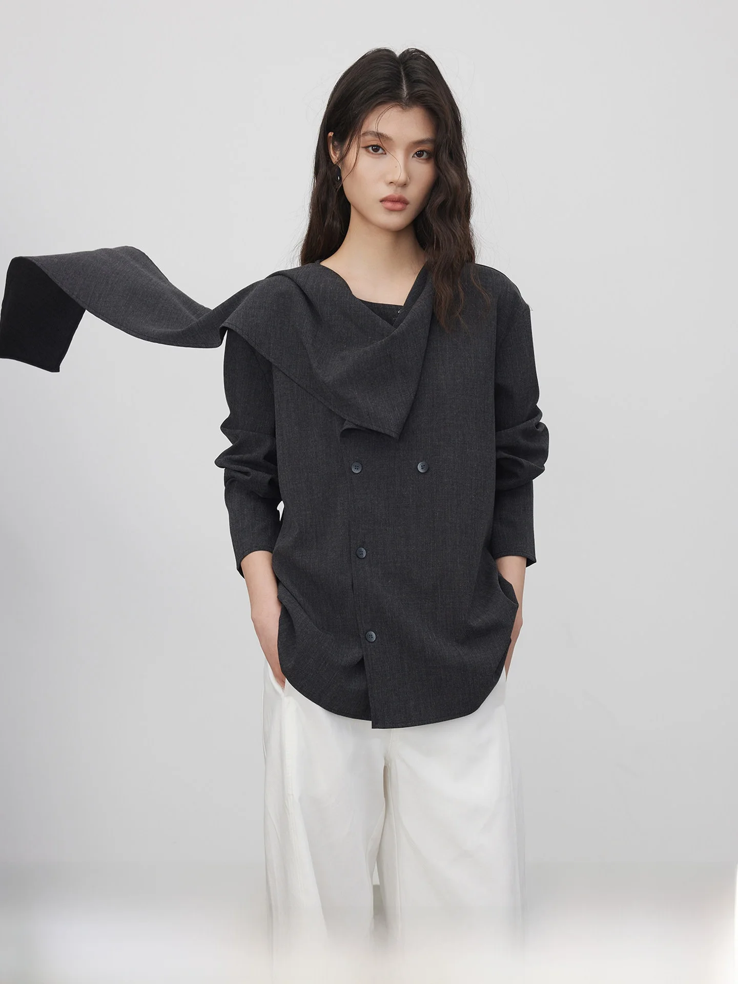 

KEARA Bla Scarf Collar Loose Long Sve Women's irt Spring Design Open Cardigan Top Korean Sle Breathable Comfortable