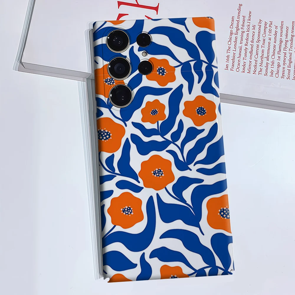 Orange Navy Floral Phone Case for Samsung Galaxy S26 S25 S24 S23 Ultra Plus Luxury Double-layer anti-fall Back Cover