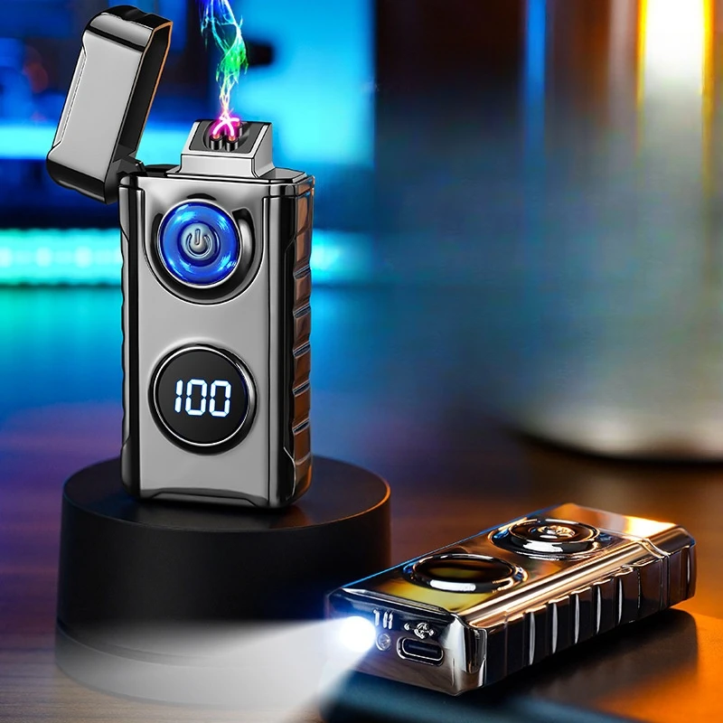 Windproof Pulse Dual Arc Plasma USB Electric Metal Lighter with Strong Light LampDigital Display Power Tpye C Rapid Charge Light