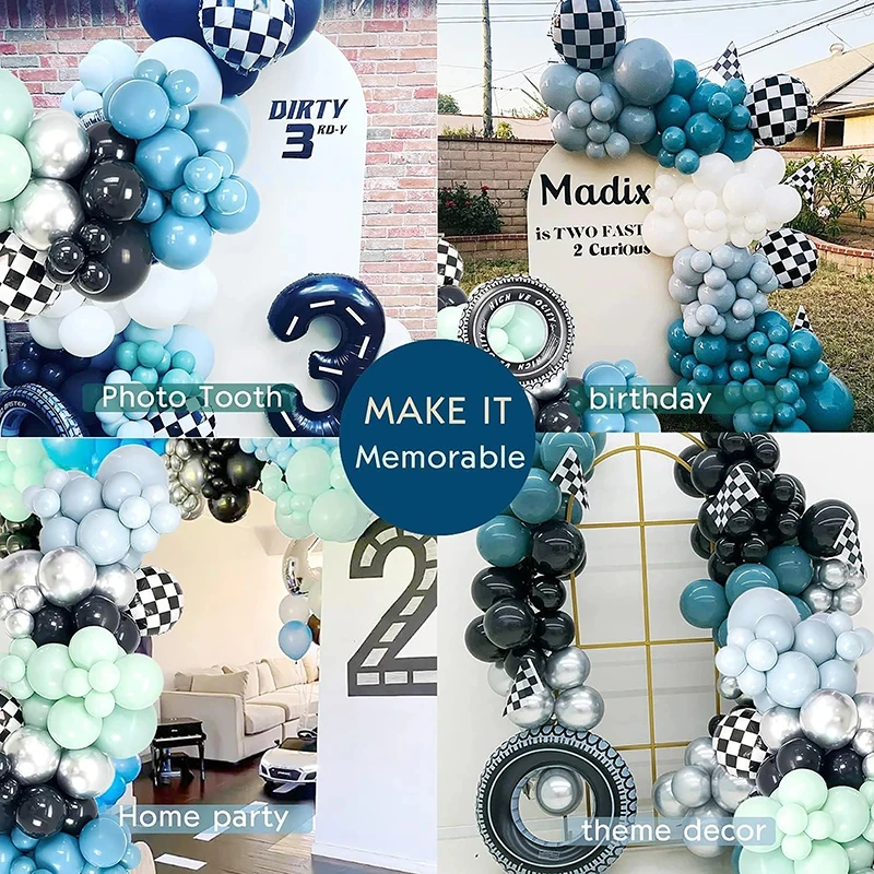 131Pcs Zestaw girland balonowych do samochodów wyścigowych Dwa szybkie dekoracje urodzinowe Niebiesko-zielono-białe i balony z flagą w kratkę