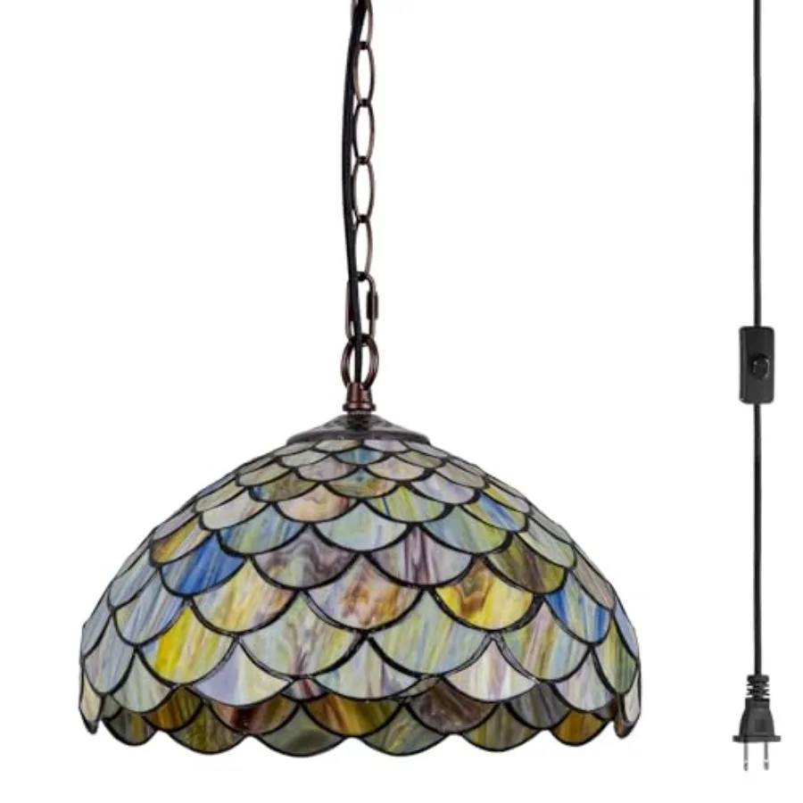 

Living room pendant light: stained glass fish scale design, 12 wide, Tiffany-style, amber and cobalt blue, plug-in with 60 chai