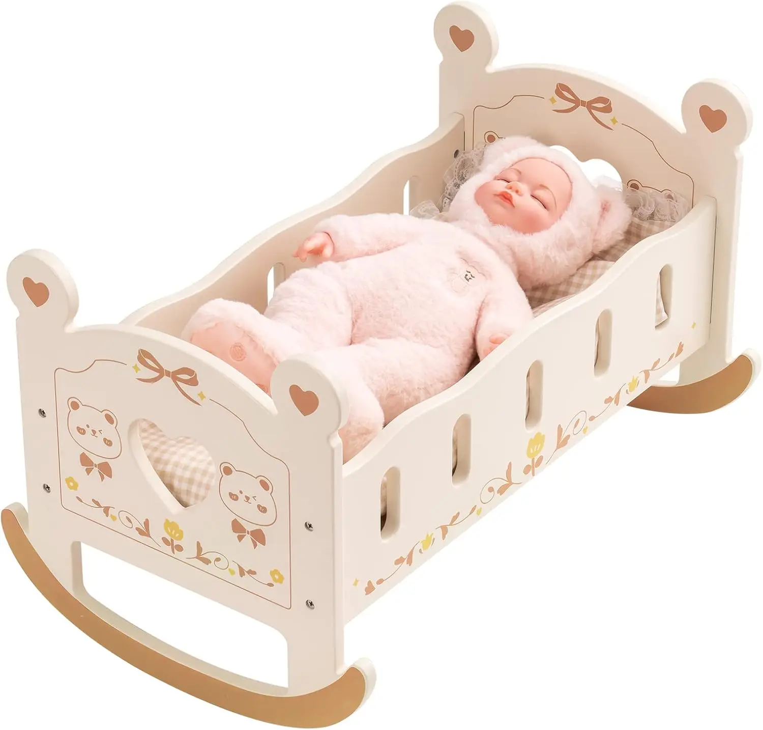 Robotime Doll Crib Wooden Baby Doll Cradle Doll Furniture Accessories Doll Rocking Cradle with Bedding for 18 Inch Dolls