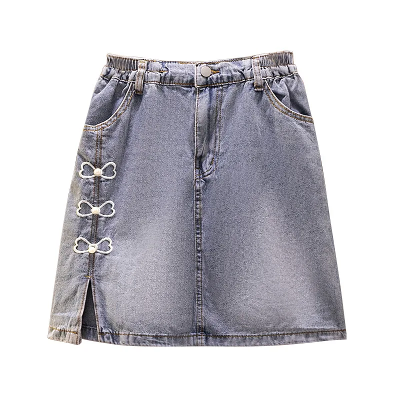 

Denim Skirt 2022 New Summer Women's Elastic High Waist Slit A-line Skirt Short Bag Hip Skirt Bead Pockets Sexy Streetwear Female