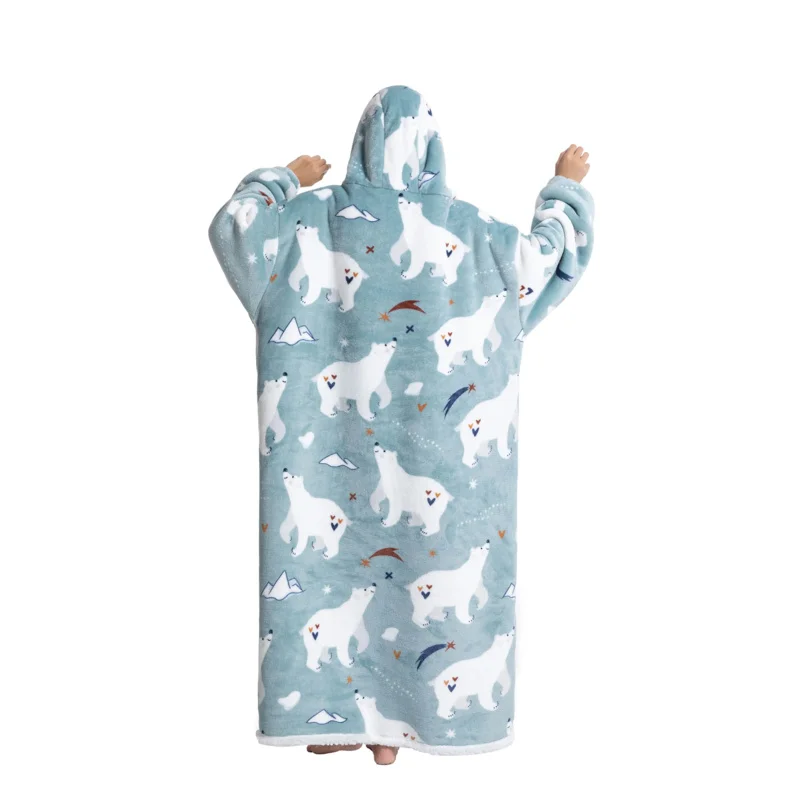 بطانية كبيرة الحجم يمكن ارتداؤها مريحة دافئة من الفلانيل شيربا كنزة بغطاء رأس من الصوف للبالغين سترة ناعمة للهدايا مقاس واحد يناسب الجميع