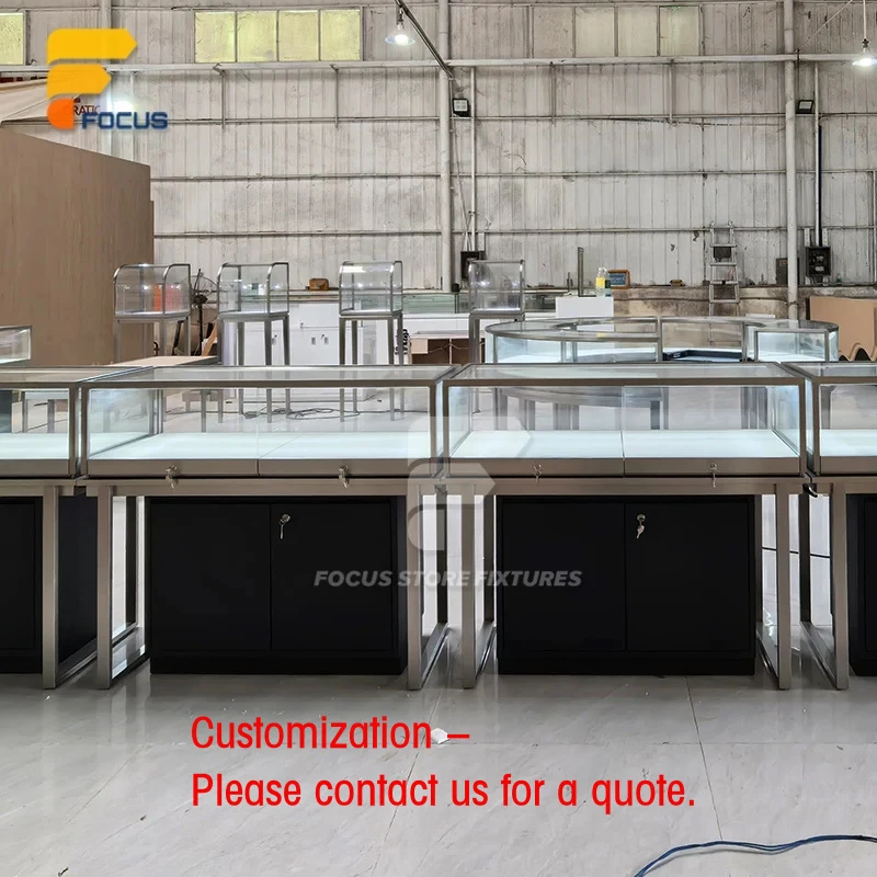 custom.Retail Full Glass Display Showcase LED Lighting Metal Base Lockable Counter Design Custom Shop Fixture