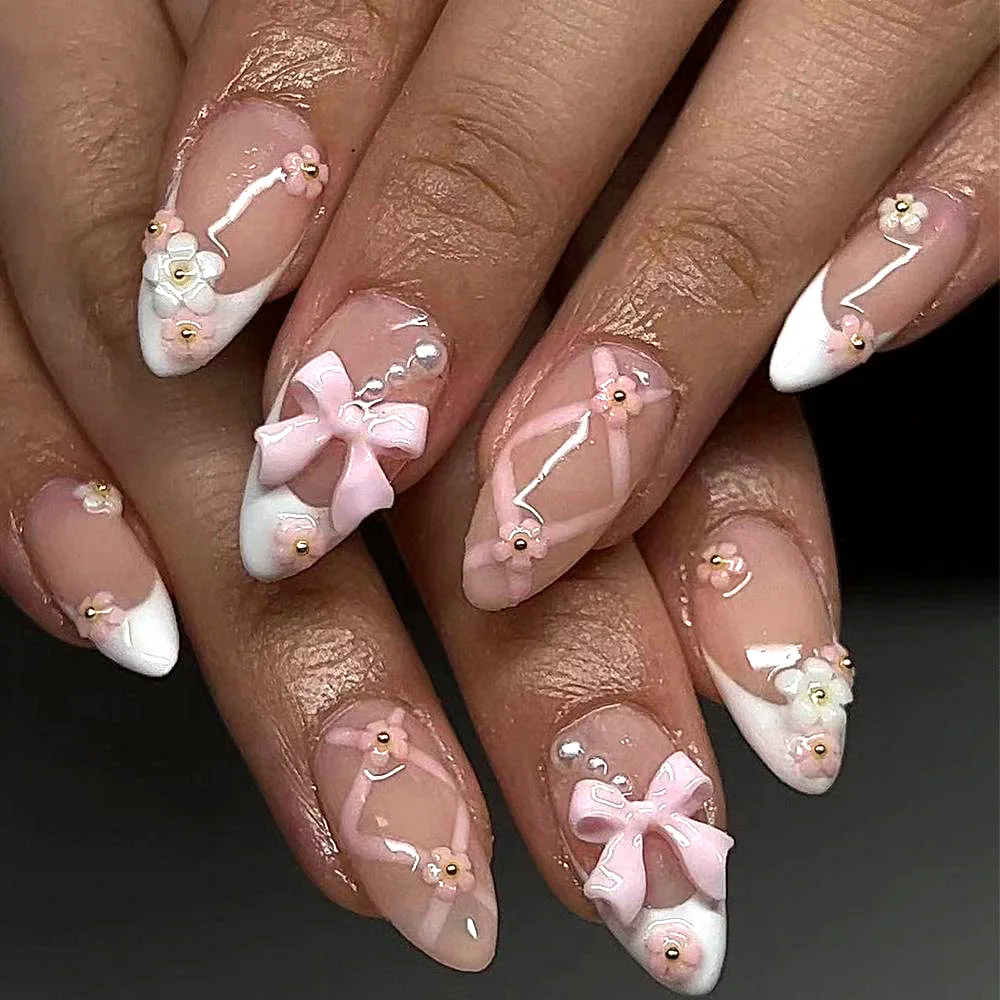 

24PCS Sweet Pink French False Nails with Glue 3D Bowknot Flowers Tie Decorations Almond Press on Nails Full Cover Fake Nails Art