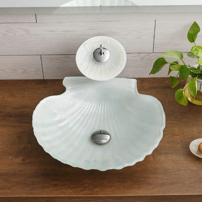 

White shell tempered glass washbasin, stylish and creative rainbow shell countertop basin, hand-painted art washbasin GN551PA