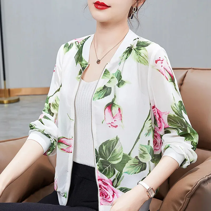 Size M-5XL Women Chiffon Rose Printing Jacket Spring Summer Thin Coat Cardigan Female Long Sleeve Tops Woman Clothes