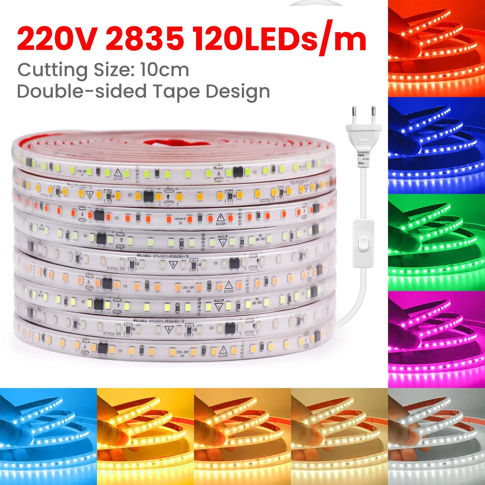 220V LED Strip with Switch SMD2835 120Leds/m 10CM Can Be Cut Flexible Ribbon Rope LED Lights White Red Ice Blue Pink Room Decor