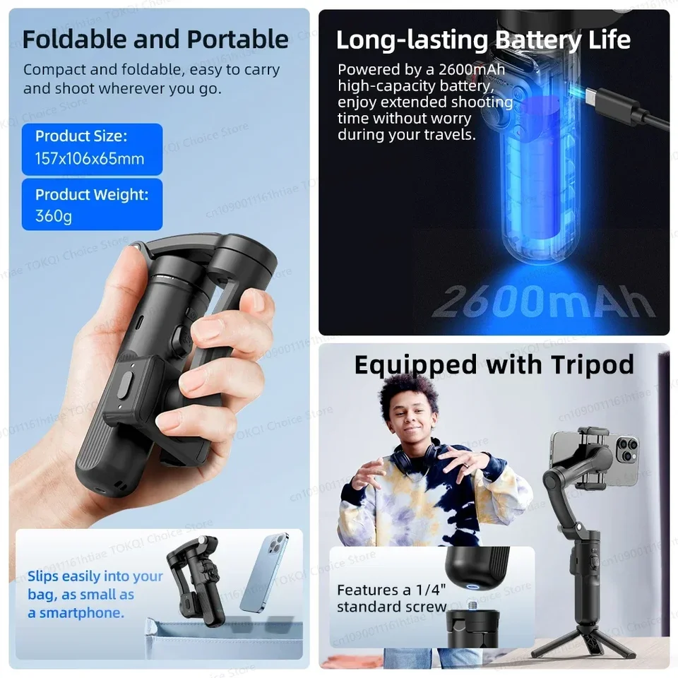 Handheld 3-Axis Gimbal Stabilizer for iPhone & Android, Anti-Shake