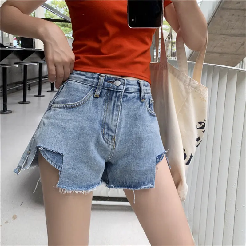 Women Fresh Low-waist Hot Stylish Irregular Solid Fur-trimmed Jeans Simple Loose Denim All Match Casual New Summer Blue Shorts