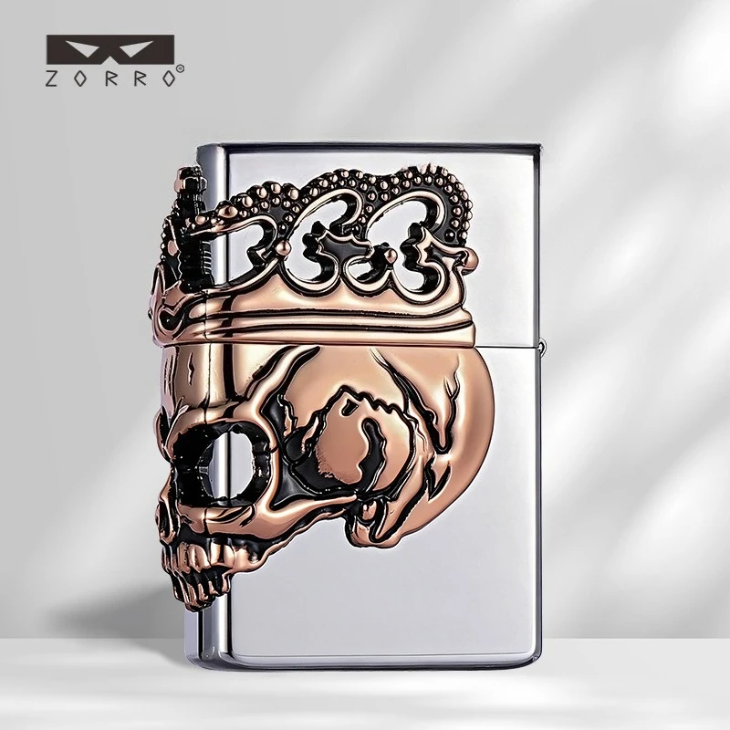 ZORRO Bright Chrome Gold Crown Skull Stamp Kerosine Lighter, Full Range of Personalized Stamps, Unique Collectible Gifts