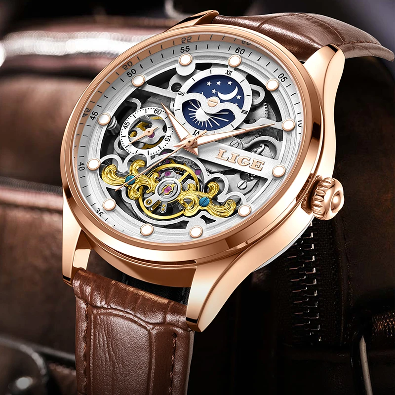 

LIGE Simple Dial Mechanical Man Watch Casual Sport Leather Strap Waterproof Automatic Movement Moon Phase Hollow Watches for Men