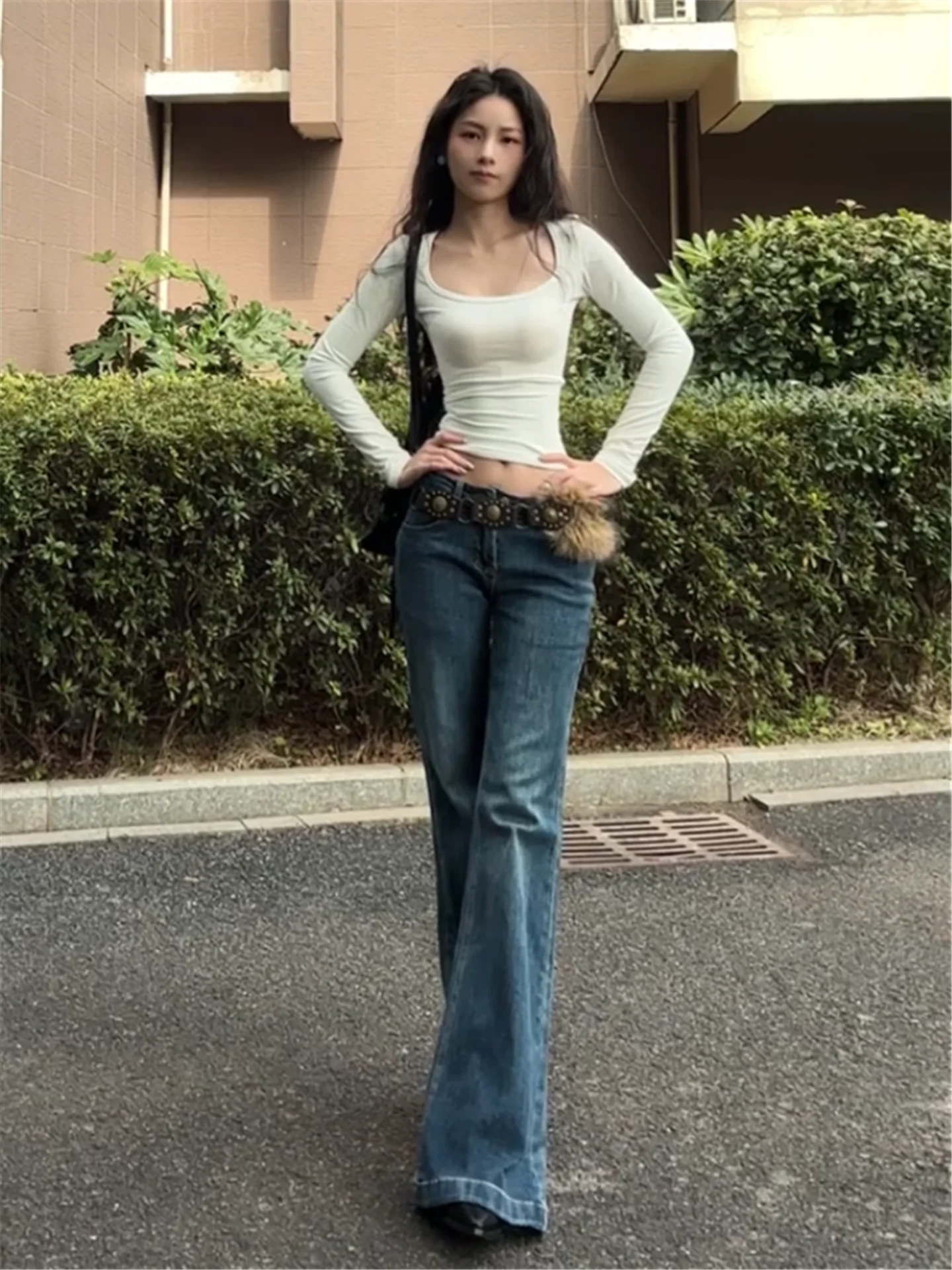 Loose Fit Low Waist Bell Bottom Jeans Women's Spring Casual Cotton Denim Pants Street Style Deep Blue Flared Leggings