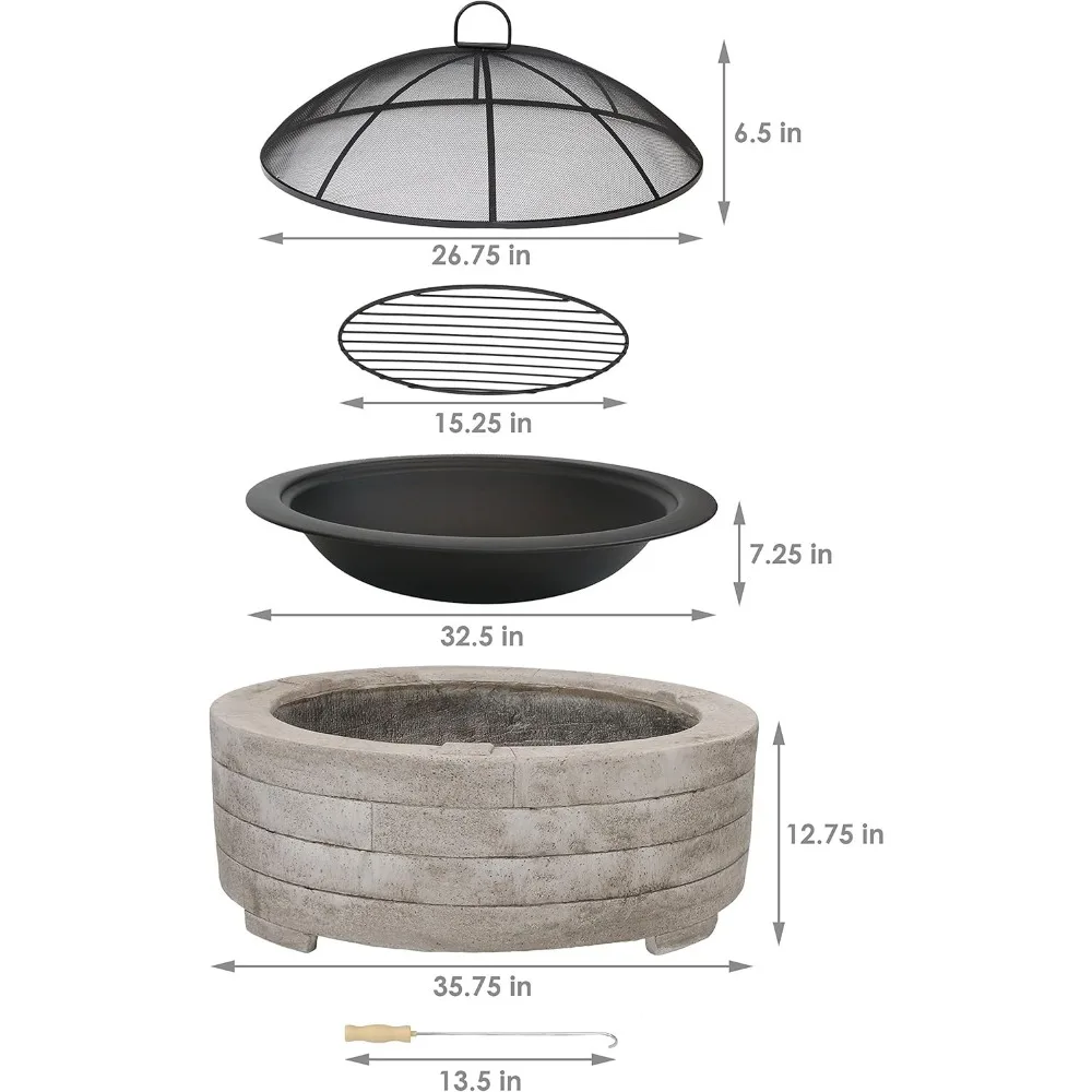 35-Inch Faux Stone Fire Pit Bowl with Handles - Includes Spark Screen - Wood Burning