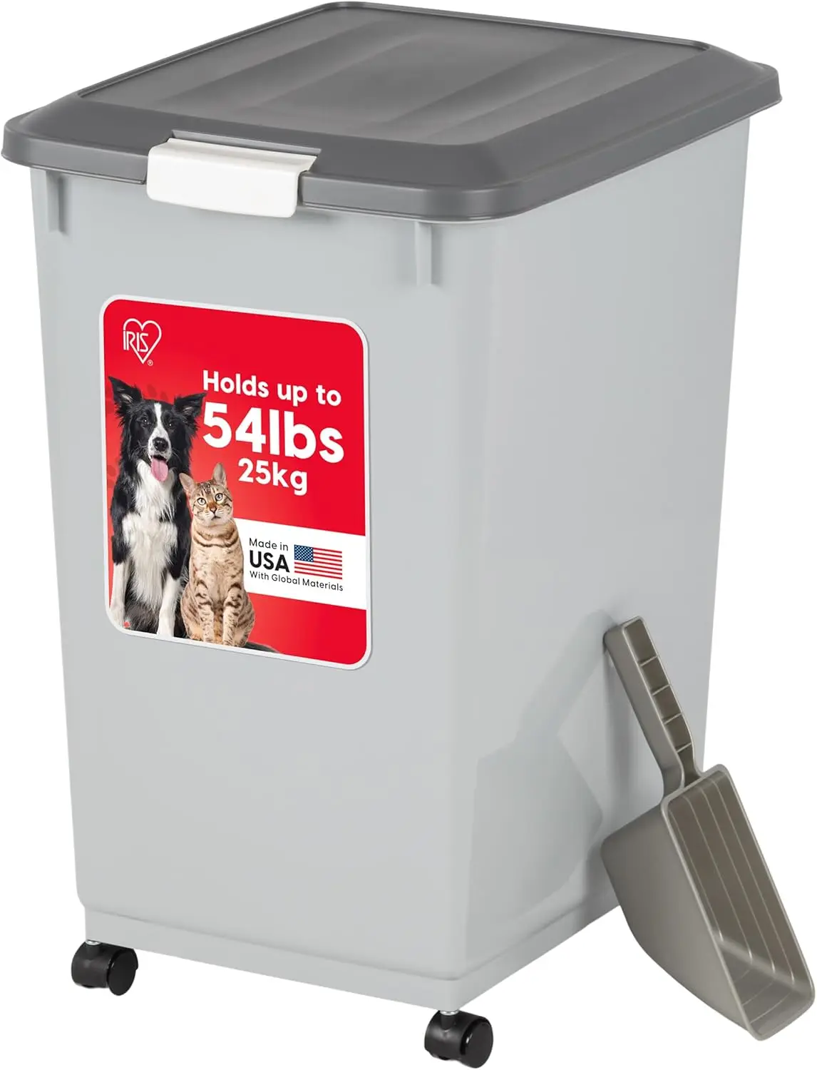 

Portable Pet Food Storage Container with Wheels, Airtight Lid, Scoop Included, Holds Up to 54 Pounds, BPA-Free Gray