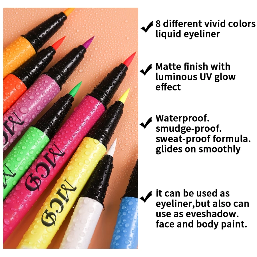 Eyeliner liquido 8 colori Penna eyeliner color neon Impermeabile Uv Blacklight Fluorescente Viso Vernice per il corpo Trucco Giallo Viola Rosso