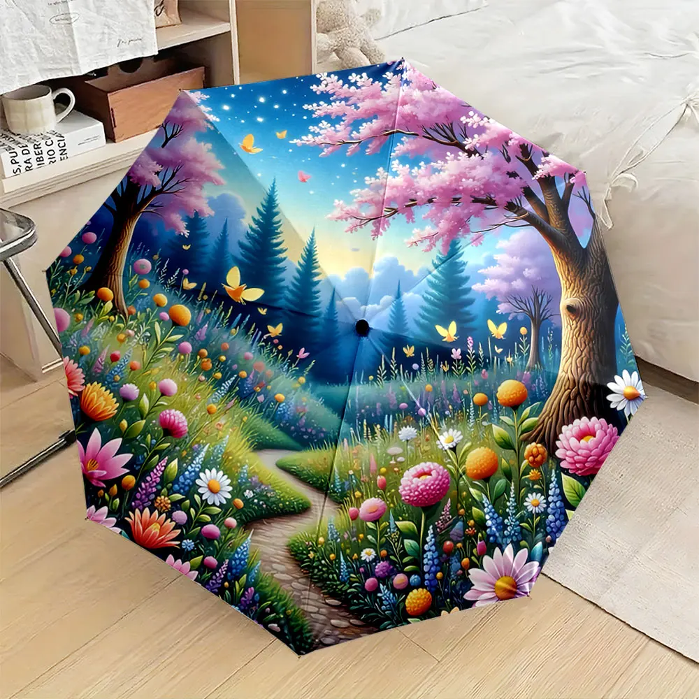Colorful Forest Path with Flowers and Butterflies Scene portable waterproof sun rain umbrella for outdoor travel beach