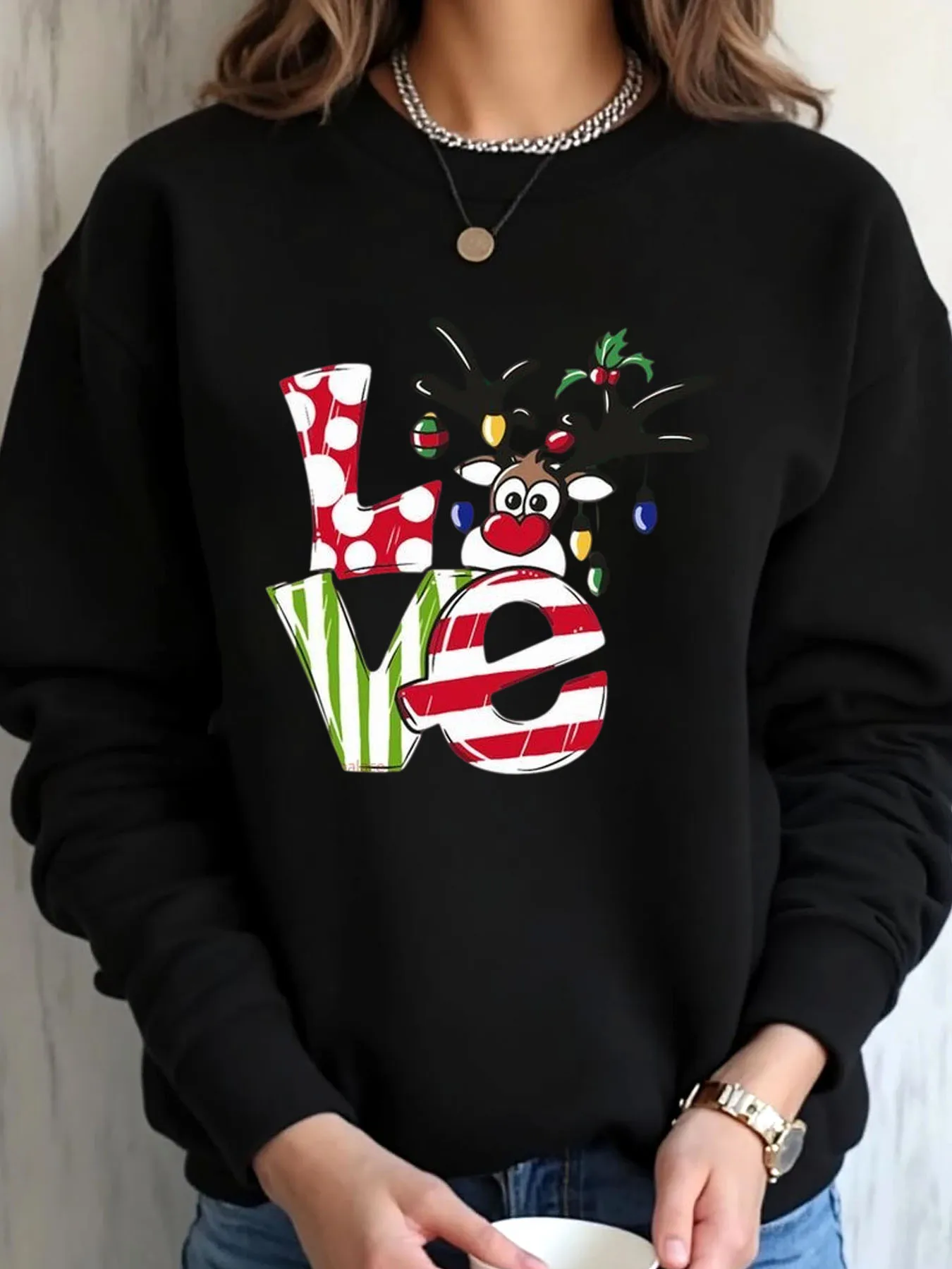 

Женская толстовка большого размера с рождественским оленем и принтом любви, уличная одежда