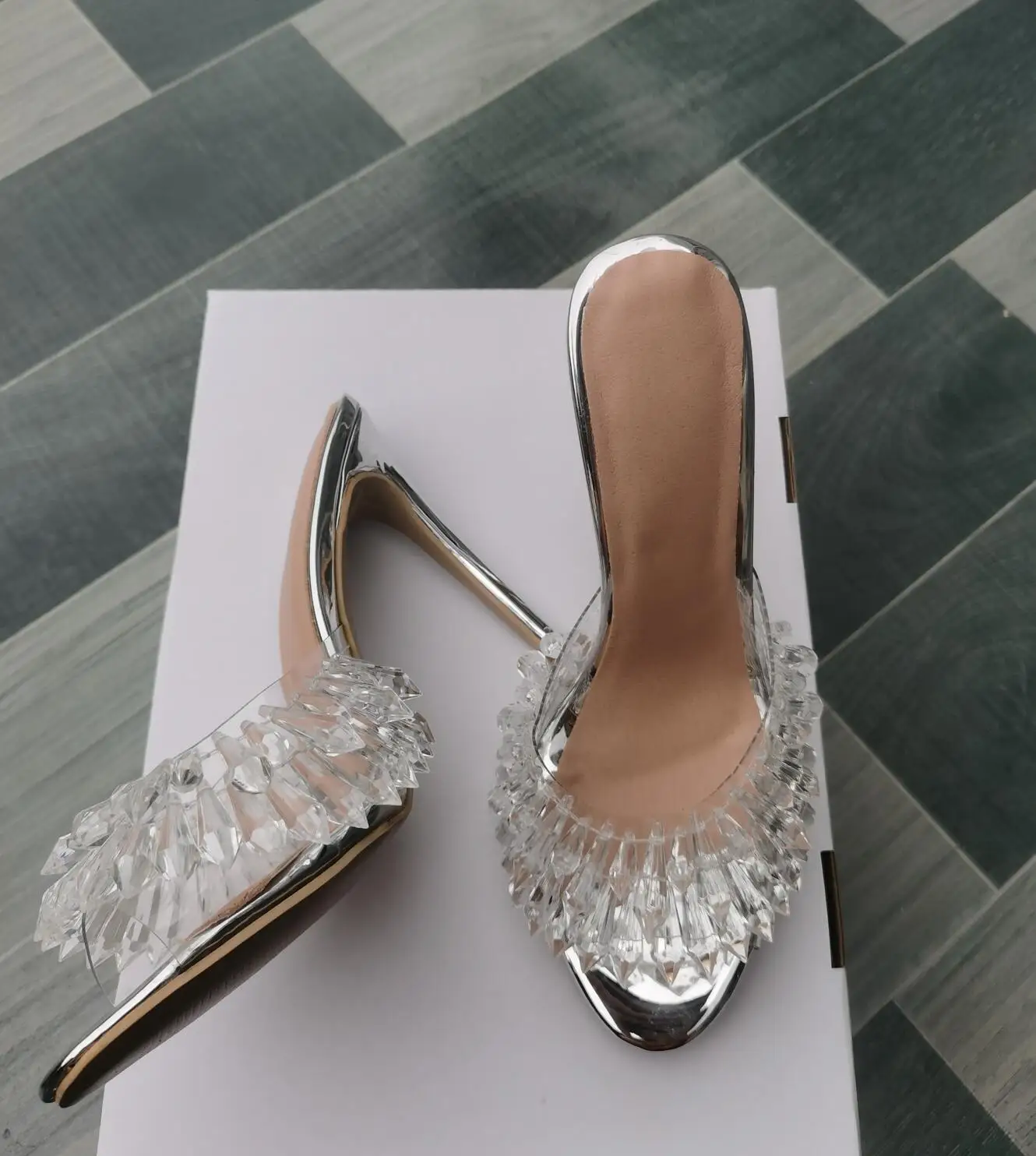 Transparant Kristal Peep Toe Vrouwen Slides Slingback Schoenen Voor Dames Zilver Lakleer Dunne Hoge Hakken Jurk Stage Schoenen Nieuw