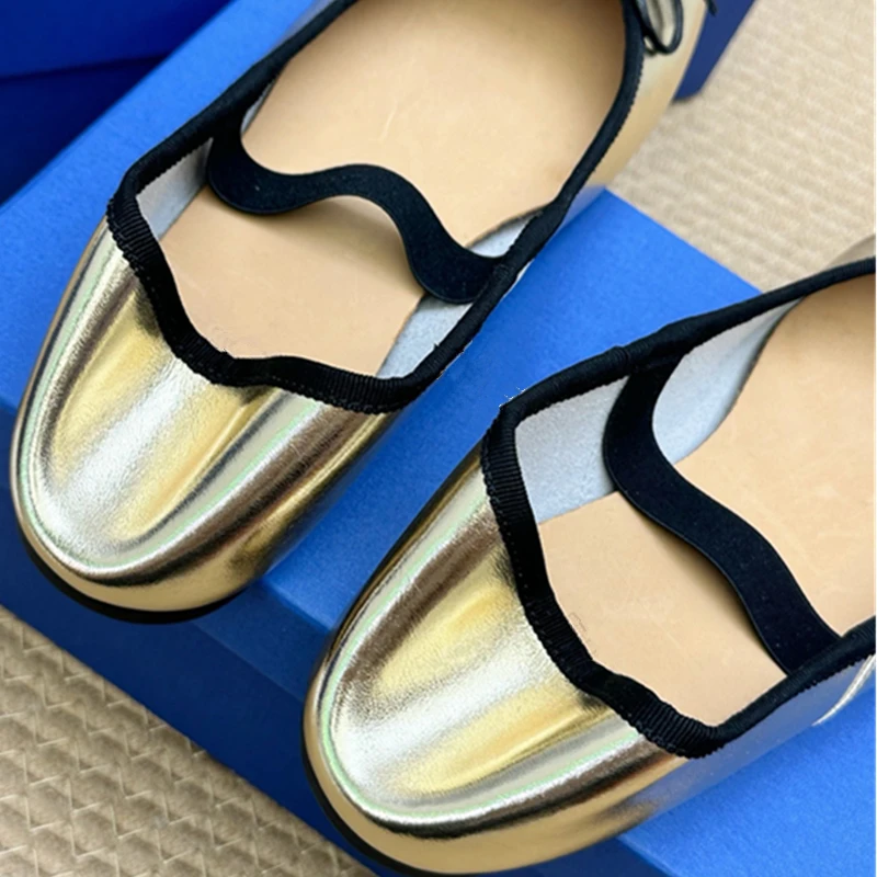 Maxdutti French Sheepskin Soft Comfortable Mary Jane Shoes Minimalist Metallic Retro Elegant Slip-on Loafers Flat Shoes Women