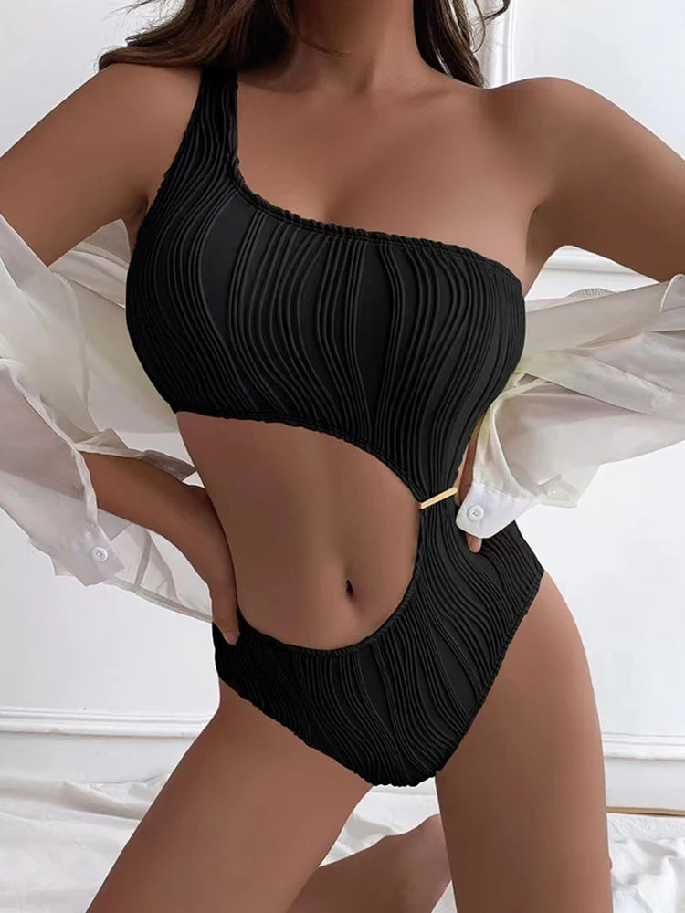 Novo assimétrico cortar enrugado um pedaço maiô feminino banho monokini feminino um ombro banhista natação senhora