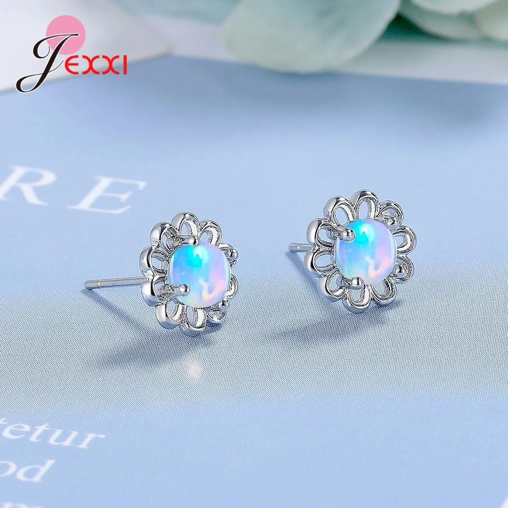 925 Sterling Silver Simple French Lace Floral Opalite Earrings For Women High Quality Jewelry