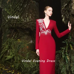 Vindal Crepe Floor length V-Neck luxurious Straight Fashion Beaded Breast Padding Elegant Long Sleeves السعود For Woman 2024