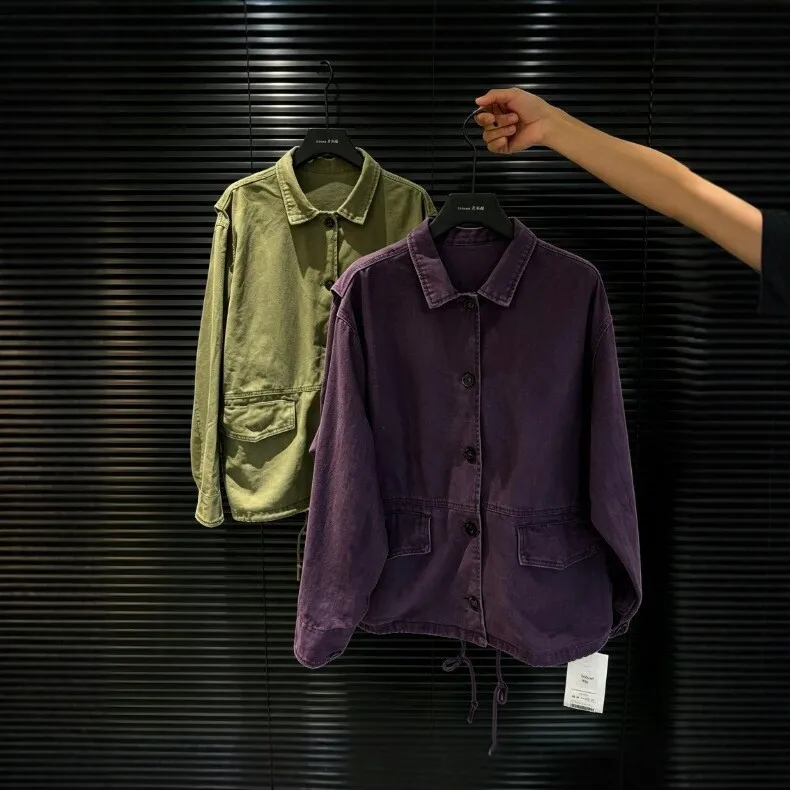 Loose Fit Long Sleeve Top with Turn Down Collar Short Length Workwear Women Jacket Mid Long Length Japanese Korean Casual Autumn