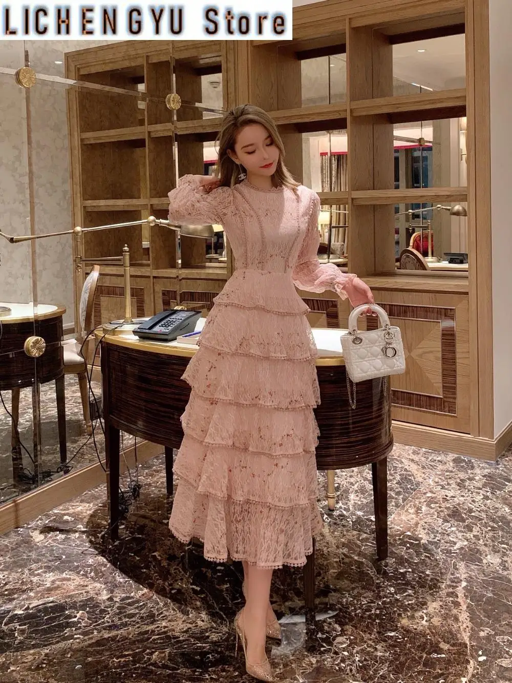 New Spring Pink Lace Embroidery Maxi Dress Female Long Sleeve High Waist Ruffle Elegant Runway Dresses Vestidos