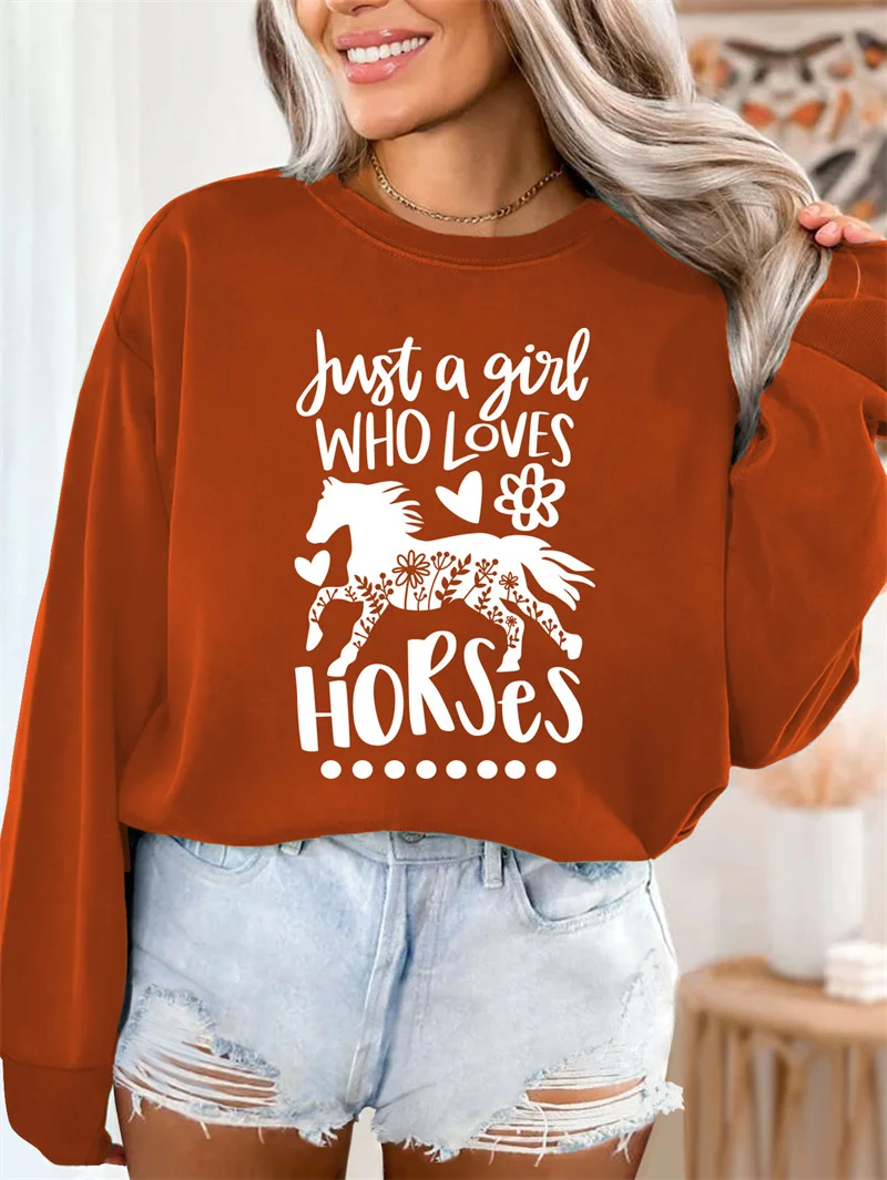 New autumn and winter cotton women's wear just a girl who loves horses vintage crew-neck sports long-sleeved hoodie