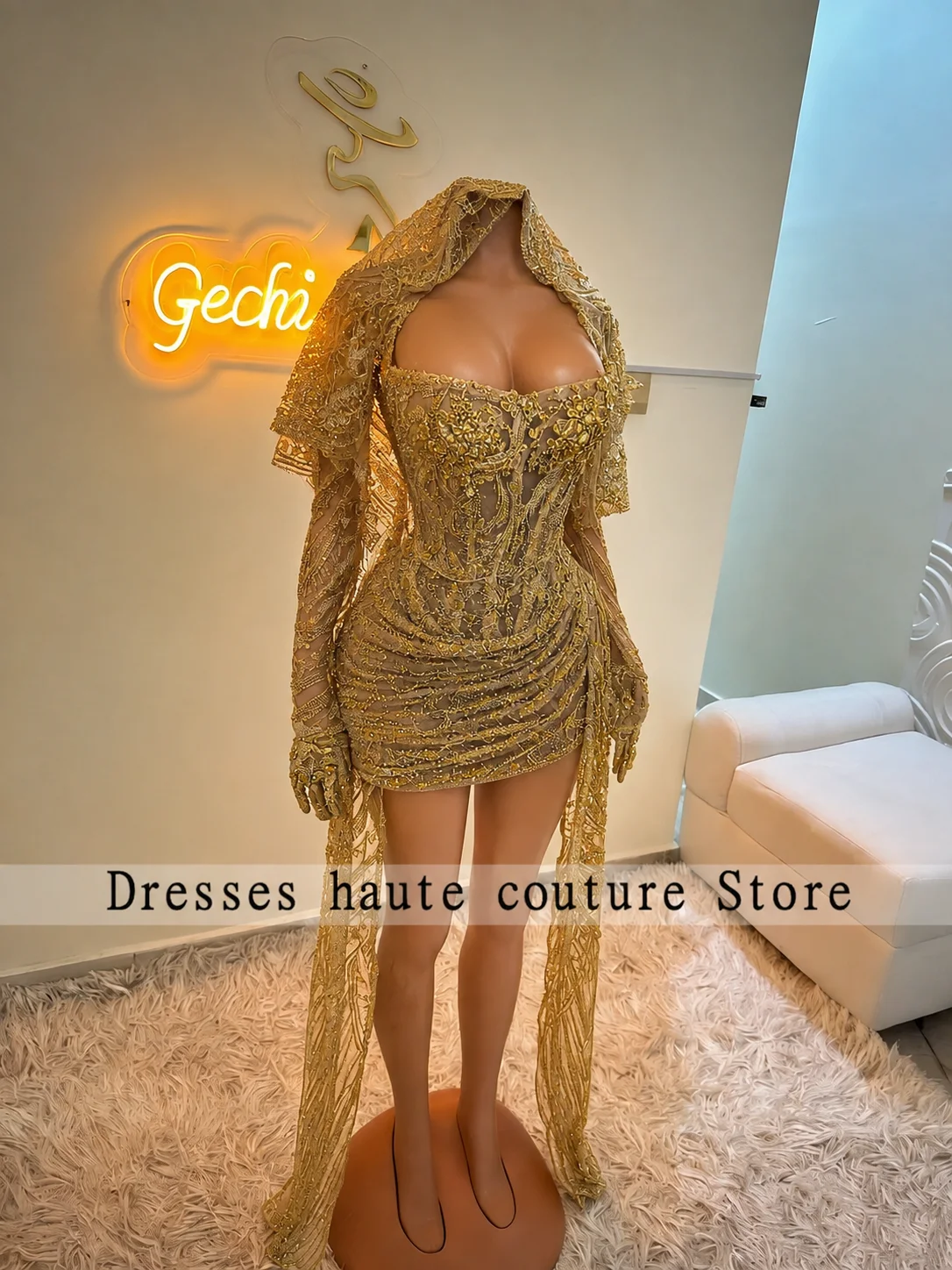 New Customized Shiny Gold Luxury Mini Short Prom Dresses With Glove For Black Girl Sparkly Party Gown Mini Cocktail Robe De Bal